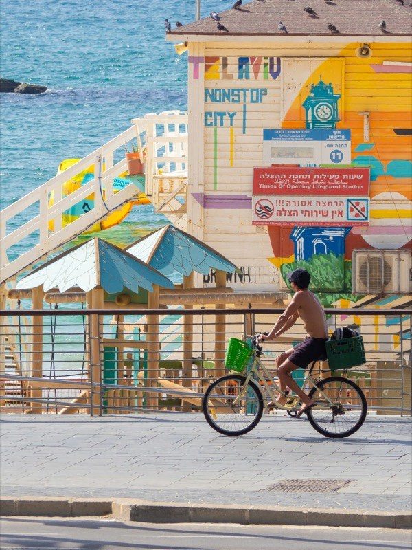 The Tel Aviv beachfront and its colorful lifeguard station