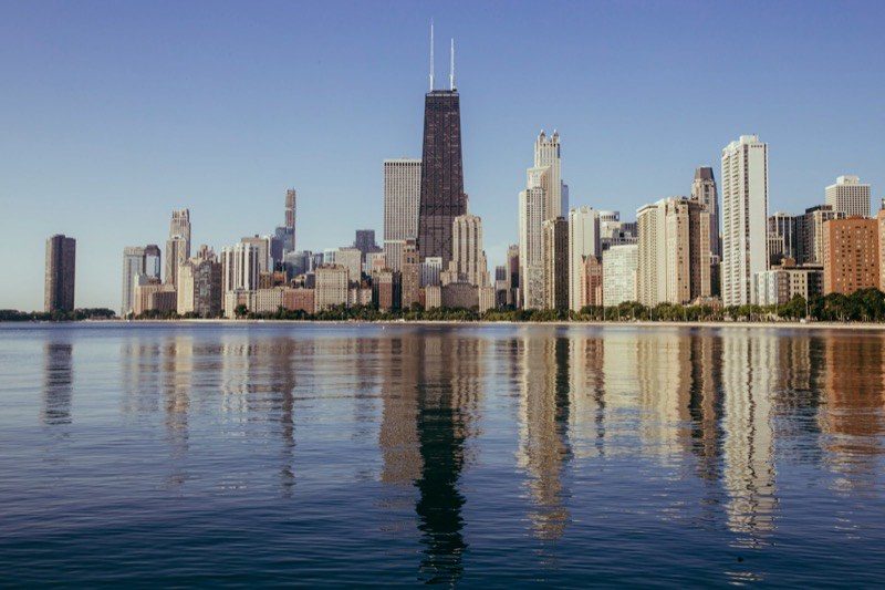 The Chicago skyline reflected in Lake Michigan