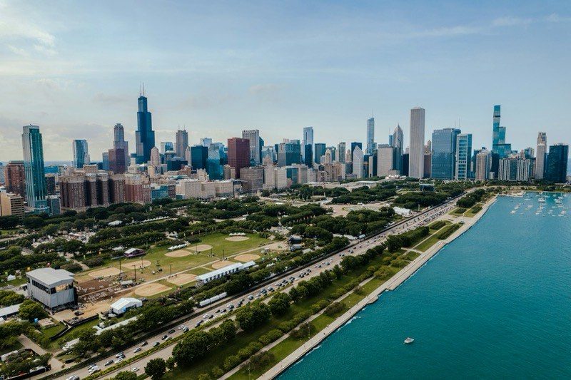 An aerial view of Chicago’s lakefront and skyline