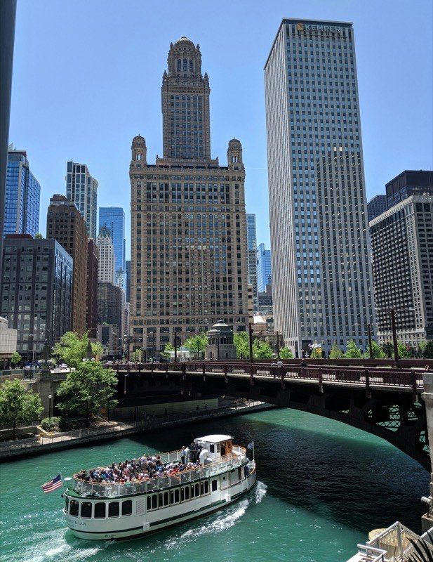 A tour boat on the Chicago River