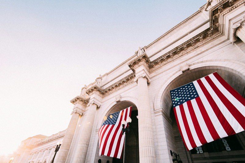 American flags at Union Station in Washington, D.C.