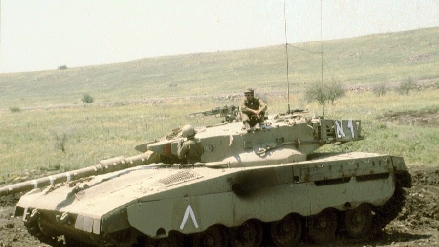 An Israeli army tank on patrol in the Golan Heights