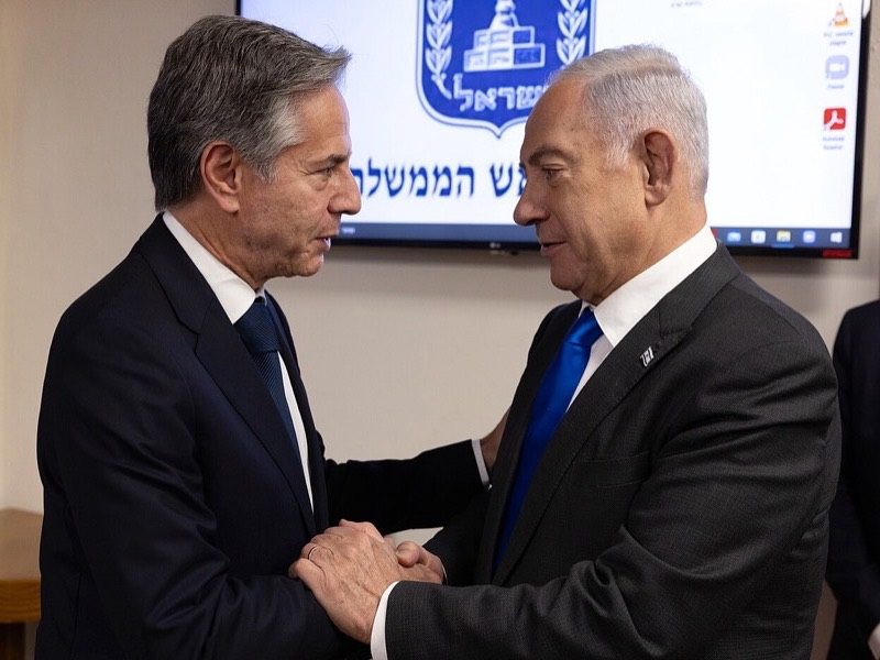 U.S. Secretary of State Blinken shaking hands with Israeli Prime Minister Netanyahu