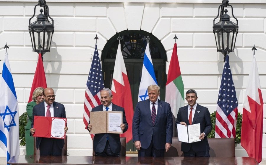 President Trump, Prime Minister Netanyahu, and the foreign ministers of the UAE and Bahrain at the 2020 Abraham Accords signing at the White House