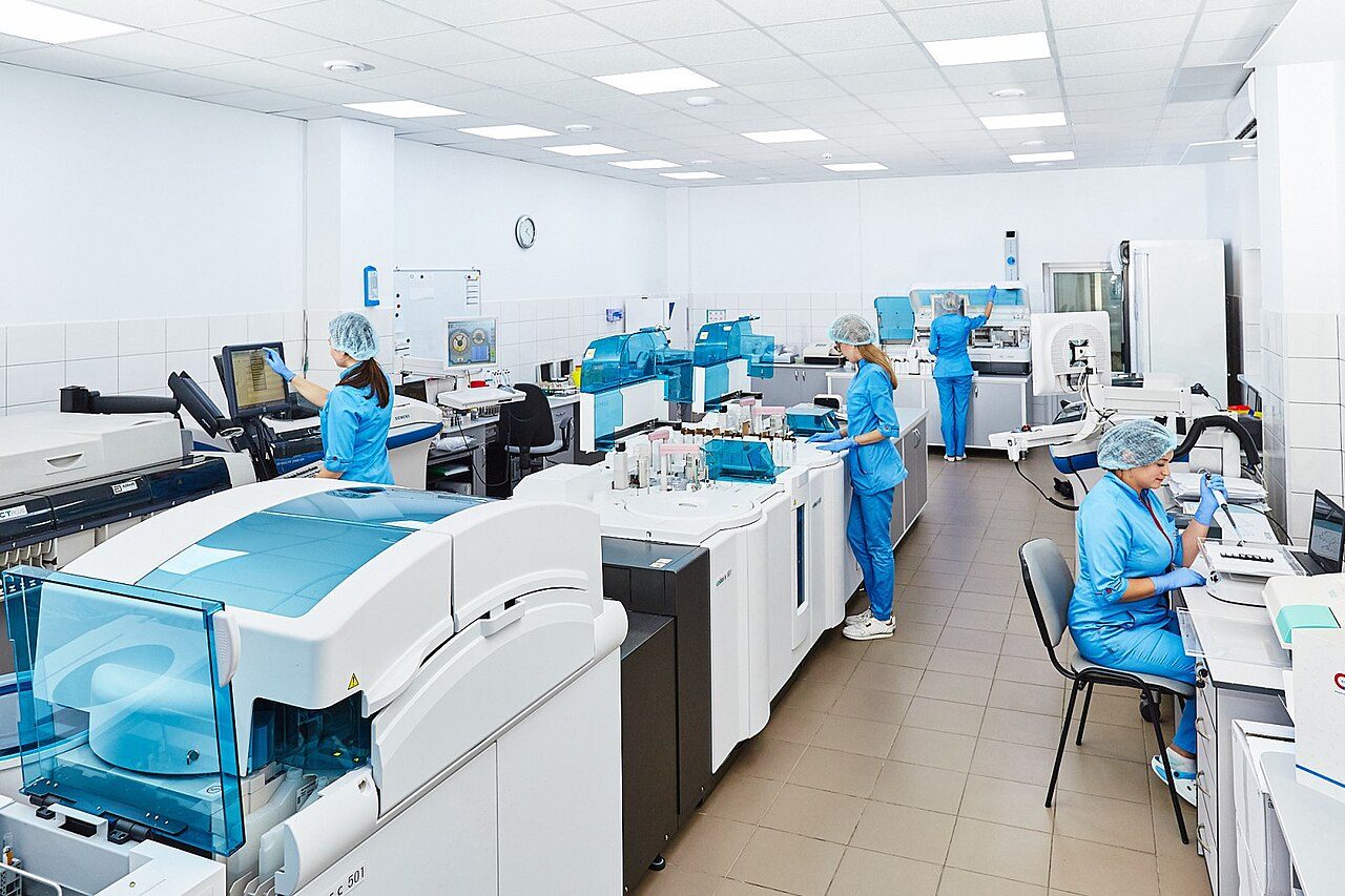 Scientists at work in a modern medical research laboratory